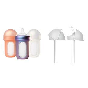 Boon Nursh Reusable Silicone Baby Bottles with Pouch - Stage 1 Slow Flow - 4 Oz - 3 Count + Extra Slow Silicone Nipples 3 Pack