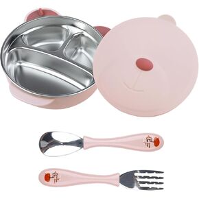 Stainless Steel Baby Feeding Bowl, Toddler Suction Plate with Lid Spoon and Fork, Perfect for Children (Pink)