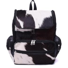 Womens Cowhide Bagpack Casual Diaper Bag Animal Print Travel Bag Patchwork Chess Pattern Backpack Weekender Shoulder Bag
