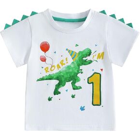 Toddler Kids Baby Boy Birthday T-Shirt Dinosaur Birthday Shirts for Boys Dino B-Day Party Tops Summer