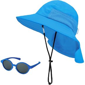 Century Star Baby Sun Hat with Sunglasses for Girls Boys Neck Protection UPF 50+ Kids Wide Brim Swim Cap for Toddler