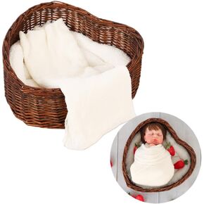 Kate Newborn Photography Props Brown Heart Shaped Rattan Basket Handcrafted Baby Doll Basket Set for Baby Photography Photoshoot with White Pillow and Mat and Stretch Wrap