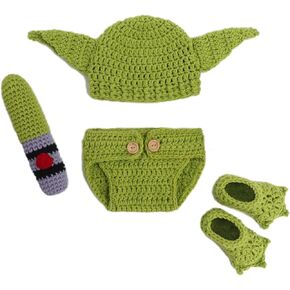 DICHA Handmade Crochet Costume- 4-Piece Set: Hat, Diaper,Booties Shoes and Lightsaber - Baby Photography Props for Newborns 0-3 Months - Soft Yarn Baby Photo Prop for Baby Yoda Fans