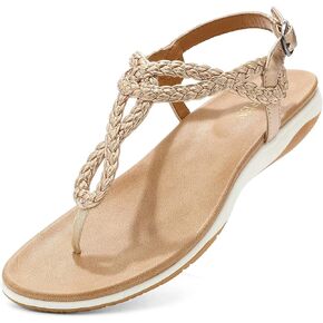 UBFEN Womens Flat Sandals Dress Braided T-Strap Thong Sandals with Arch Support Comfortable for Walking