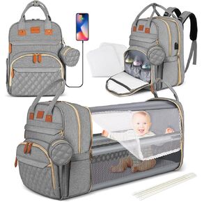 Diaper Bag with Changing Station, Multifunctional Large Diaper Backpack for Baby Boy & Girl - Grey