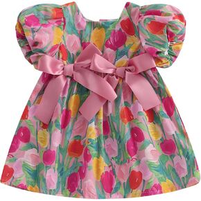 Summer Outfit Toddler Baby Girl Dress Tulip Bow Puff Short Sleeve Dresses Tunic Dress Summer Sundress Girls Casual Dress