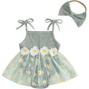 Newborn Baby Girl Clothes Sleeveless Flower Tulle Patchwork Romper Dress with Bowknot Hairband Summer Outfits
