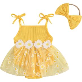 Newborn Baby Girl Clothes Sleeveless Flower Tulle Patchwork Romper Dress with Bowknot Hairband Summer Outfits in Kuwait