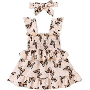 Baby Girl Dress Toddler Clothes Infant Outfits Summer Ruffle Sleeve Playwear Sundress Smock Beach Boho Dresses+Headband
