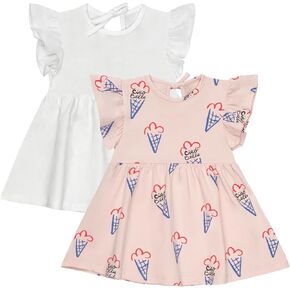 2Pack Toddler Baby Girl Boho Dress Cotton Ruffle Sleeve Solid Floral Print Summer Beach Sundress