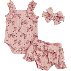 Kaipiclos Cherry Baby Outfit Newborn Infant Girl Clothes Rib Knit Romper & Shorts Waffled Baby Clothes for Girls 0 3 6 12 18M