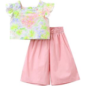 Toddler Baby Girl Summer Sweet Short Set Little Girls Cute Floral Bubble Sleeve Top Casual Pants 2Pcs Cotton Set 1-8T