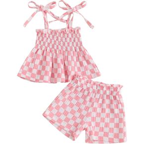 Lamuusaa Toddler Baby Girl Summer Clothes Sleeveless Strap Tank Top Cami Checkerboard Cotton Linen Shorts Set 6M-3T