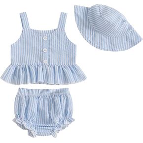 Thorn Tree Infant Baby Girl Summer Clothes Sleeveless Hem Vest Top Ruffle Shorts Sun Helmet 3Pcs Outdoor Outfits