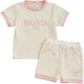 ZAXARRA Toddler Baby Girl Summer Clothes Short Sleeve Letter Embroidery Waffle Tops Bow Shorts Sets Sister Matching Outfits