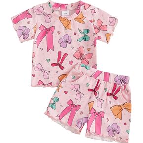 Murnouche Toddler Baby Girl Summer Clothes Bow Floral Letter Print Short Sleeve Shirt Shorts Set Summer Outfit