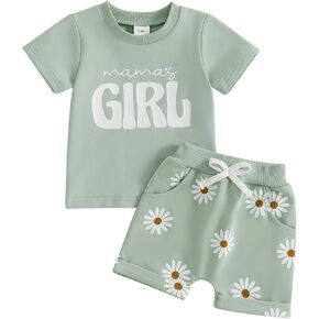 Mamas Girl Baby Girl Outfit Short Sleeve T-shirts Daisy Elastic Waist Shorts Set Summer Clothes
