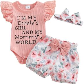 MERSARIPHY Newborn Baby Girls Summer Outfit Ribbed Knit Ruffle Romper Floral Shorts Set Headband Daddy's Girls Baby Clothes
