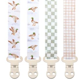 Baby Pacifier Clip Holder - Boy and Girl Unisex 4 Pack Gift Set – Neutral Checker Gingham Plaid Ducks Mallards Beige Brown and Green
