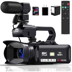 8K Video Camera Camcorder HD 64MP 18X Digital Zoom Vlogging Camera for YouTube Video Camera with WiFi, 4500mAh Battery, 64GB SD Card, Stabilizer, Mic, Remote Control and Charger