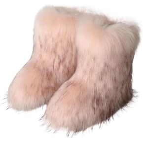 HINDOLA Womens Faux Fur Boots Fuzzy Fluffy Furry Round Toe Suede Boots Winter Comfy Plush Warm Snow Boots Comfortable Winter Ankle Booties Anti Slip Outdoor Indoor Flat Shoes