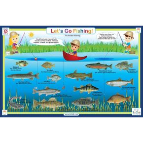 Tot Talk Let’s Go Fishing Educational Placemat for Kids – Made in USA – Durable, Double-Sided, Fish Facts & Fishing Gear – Waterproof, Wipeable, 17.5" x 11.5"