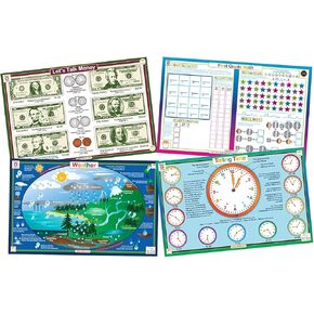Tot Talk Everyday Skills Educational Placemat 4-Pack for Kids– Made in USA – Math, Money, Time & Weather – Ages 6-9 – Durable, Double-Sided, Waterproof, Wipeable Learning Mats