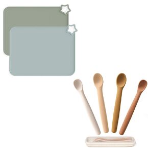 Moonkie Baby Mealtime Essentials Bundle | Silicone Placemats & Baby Spoons Set | Non-Slip Stain-Resistant Food Mats (2 Pack) & 4 Bendable First Stage Feeding Spoons with Case | BPA-Free, Chewproof & P