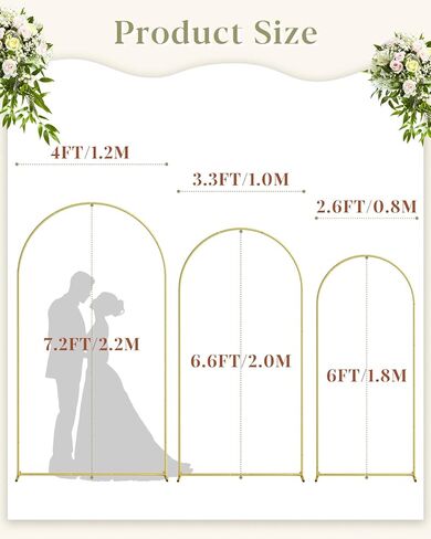 Wedding Arch Set of 3, Gold Metal Arch Backdrop Stand, Balloon Arch Stand Wedding Arch Frame for Ceremony Decoration (Gold, 7.2FT, 6.6FT, 6FT Backdrop) in Saudi Arabia