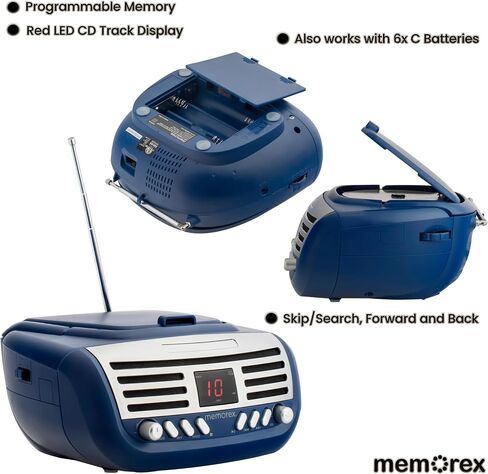 Memorex Retro Portable Top Loading CD Boombox with AM/FM Stereo Radio in Black | CD-R/CD-RW Compatible | LED Display | AUX Port Supported | Programmable CD Player in Saudi Arabia