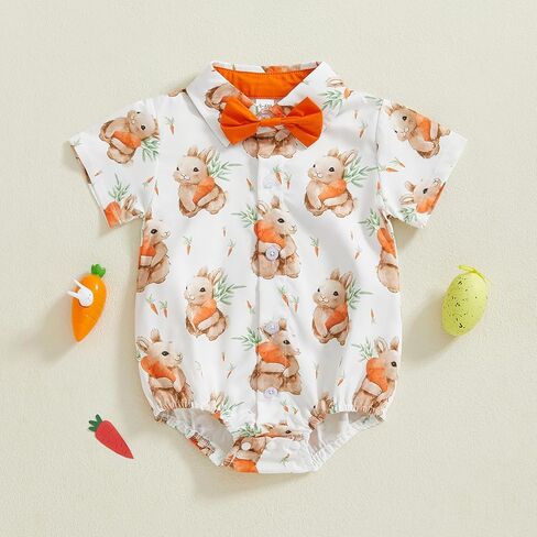 Newborn Baby Boy Easter Clothes Print Short Sleeve Romper Shirt Button Down Lapel Bodysuit Jumpsuit Summer Outfit in Kuwait