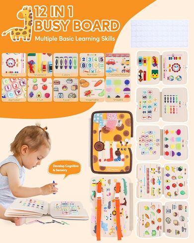 Busy Board, 12 in 1 Busy Book Learning Sensory Toys for Toddlers with Fine Motor Skills, Busy Book Toys with Backpack Strap, Bear Shape in Saudi Arabia
