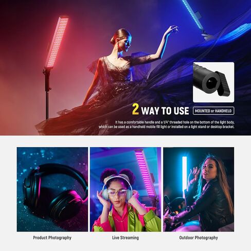 Neewer 2-Pack RGB LED Light Stick Kit, 21W Dimmable 3200K~5600K Bi-Color Handheld Light with 2.4G Remote/360° Full Color/CRI 95+/10 Scenes/Stand/Bag for YouTube and Studio Photography in Saudi Arabia