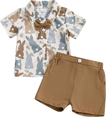 Toddler Baby Boy Easter Outfit Short Sleeve Bunny Egg Print Button Down Shirt Shorts Set Gentlemen Clothes in Kuwait