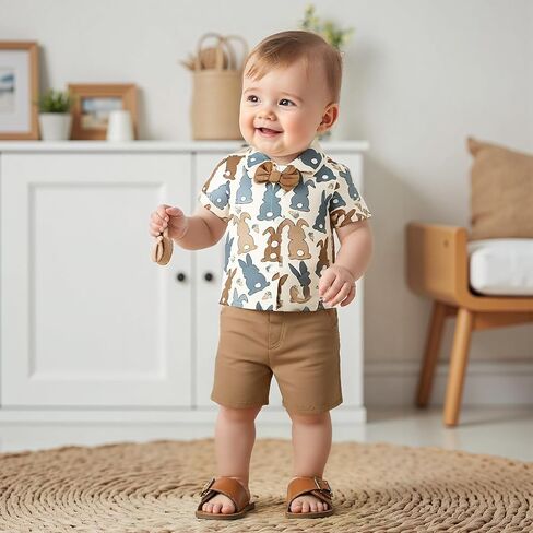 Toddler Baby Boy Easter Outfit Short Sleeve Bunny Egg Print Button Down Shirt Shorts Set Gentlemen Clothes in Kuwait