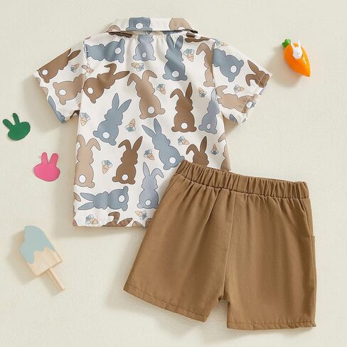 Toddler Baby Boy Easter Outfit Short Sleeve Bunny Egg Print Button Down Shirt Shorts Set Gentlemen Clothes in Kuwait