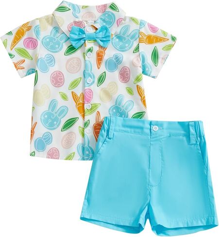 Toddler Baby Boy Easter Outfit Short Sleeve Bunny Egg Print Button Down Shirt Shorts Set Gentlemen Clothes in Kuwait