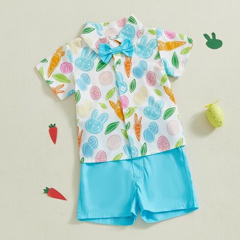 Toddler Baby Boy Easter Outfit Short Sleeve Bunny Egg Print Button Down Shirt Shorts Set Gentlemen Clothes in Kuwait