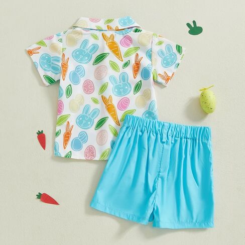 Toddler Baby Boy Easter Outfit Short Sleeve Bunny Egg Print Button Down Shirt Shorts Set Gentlemen Clothes in Kuwait