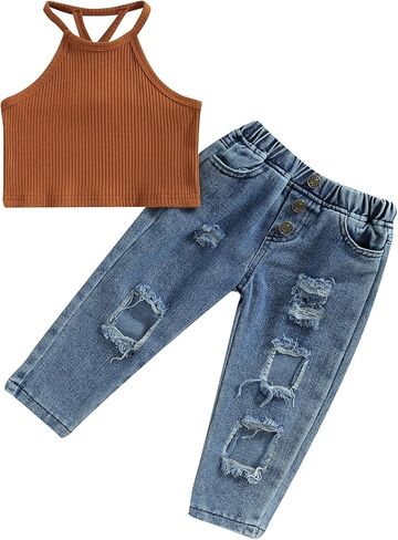 fhutpw Toddler Girl Clothes 2T 3T 4T Summer Outfits Camisole Knitted Tank Tops and Ripped Jeans Kids Girl's Denim Pants Sets in Saudi Arabia
