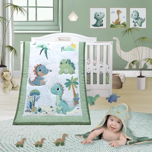 TrenD'lay 4 Piece Dino Unisex Baby Crib Bedding Set for Boys or Girls. Crib Comforter Set for Newborn and Baby Nursery Decor. Baby Bedding Set Includes Comforter, Fitted Sheet, Crib Skirt and Bib in Saudi Arabia