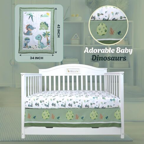 TrenD'lay 4 Piece Dino Unisex Baby Crib Bedding Set for Boys or Girls. Crib Comforter Set for Newborn and Baby Nursery Decor. Baby Bedding Set Includes Comforter, Fitted Sheet, Crib Skirt and Bib in Saudi Arabia