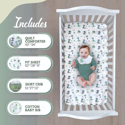 TrenD'lay 4 Piece Dino Unisex Baby Crib Bedding Set for Boys or Girls. Crib Comforter Set for Newborn and Baby Nursery Decor. Baby Bedding Set Includes Comforter, Fitted Sheet, Crib Skirt and Bib in Saudi Arabia