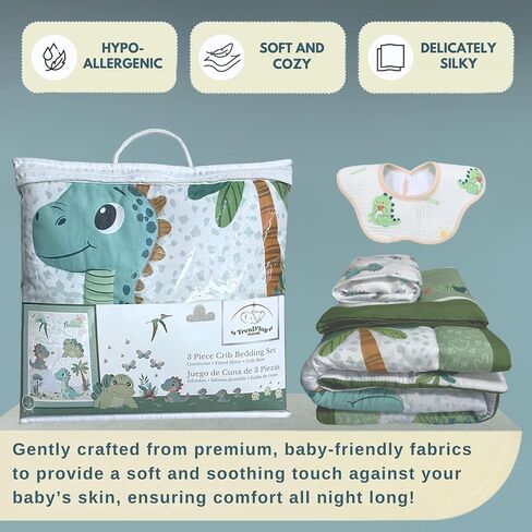 TrenD'lay 4 Piece Dino Unisex Baby Crib Bedding Set for Boys or Girls. Crib Comforter Set for Newborn and Baby Nursery Decor. Baby Bedding Set Includes Comforter, Fitted Sheet, Crib Skirt and Bib in Saudi Arabia