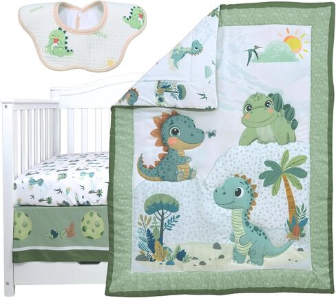 TrenD'lay 4 Piece Dino Unisex Baby Crib Bedding Set for Boys or Girls. Crib Comforter Set for Newborn and Baby Nursery Decor. Baby Bedding Set Includes Comforter, Fitted Sheet, Crib Skirt and Bib in Saudi Arabia