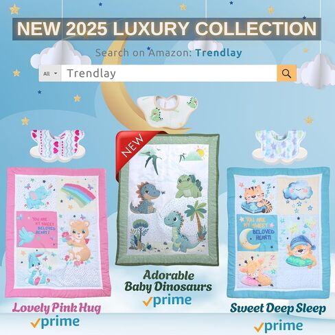 TrenD'lay 4 Piece Dino Unisex Baby Crib Bedding Set for Boys or Girls. Crib Comforter Set for Newborn and Baby Nursery Decor. Baby Bedding Set Includes Comforter, Fitted Sheet, Crib Skirt and Bib in Saudi Arabia