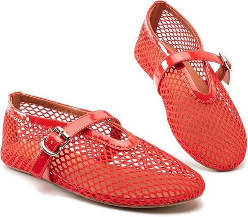 Women Mesh Flats Buckle Strap Round Toe Comfy Causal Ballet Flats Fashion Mary Jane Fishnet Ballerina Flat Shoes in Saudi Arabia