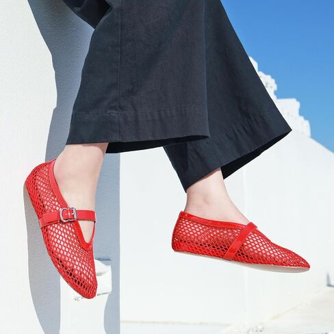 Women Mesh Flats Buckle Strap Round Toe Comfy Causal Ballet Flats Fashion Mary Jane Fishnet Ballerina Flat Shoes in Saudi Arabia