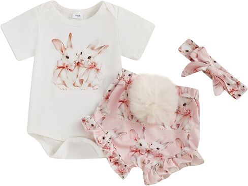 YINGISFITM My First Easter Baby Girl Outfit Short Sleeve Bunny Onesie Romper Pompom Shorts Newborn Easter Clothes+Headband in Kuwait