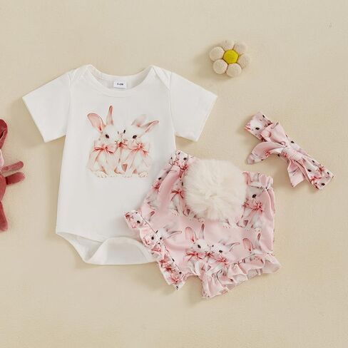 YINGISFITM My First Easter Baby Girl Outfit Short Sleeve Bunny Onesie Romper Pompom Shorts Newborn Easter Clothes+Headband in Kuwait